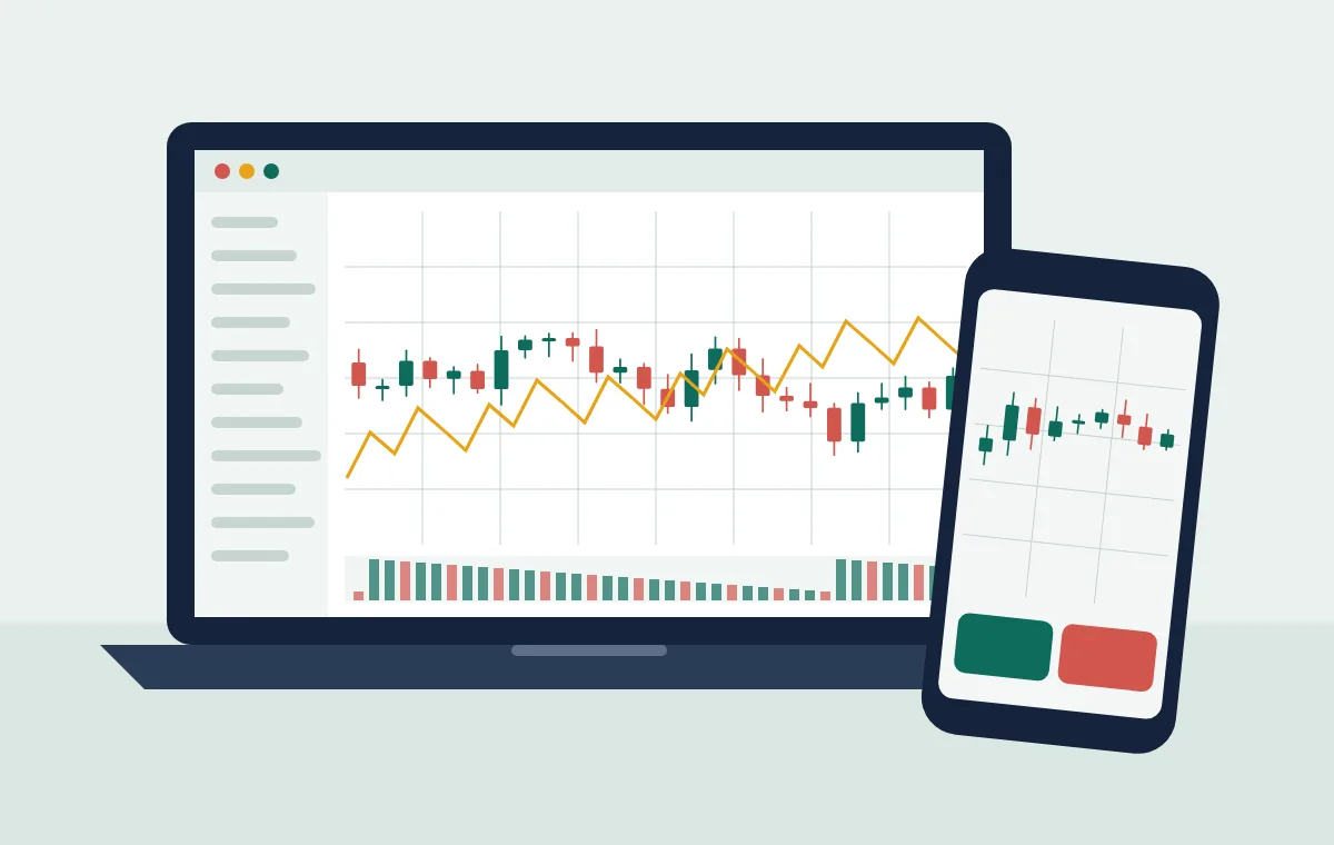 Laptop and phone both showing MetaTrader-style price charts