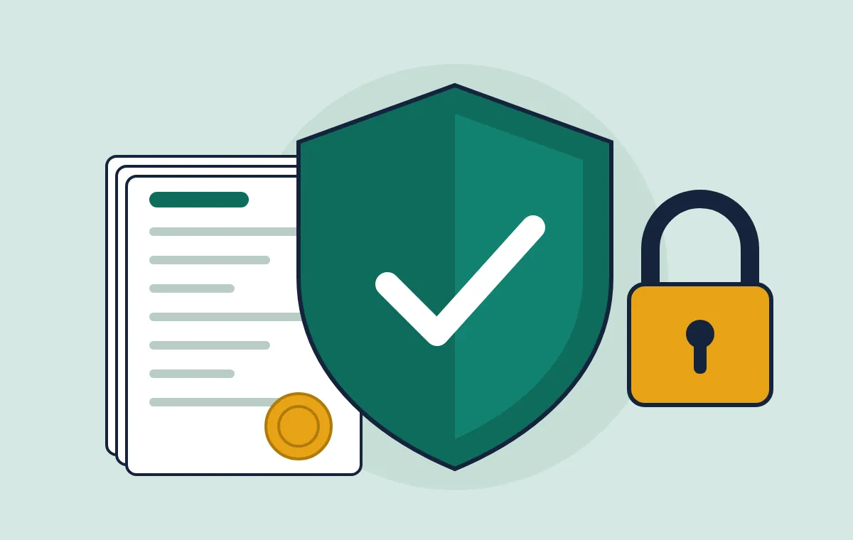 Shield with a check mark, a padlock and a stack of documents